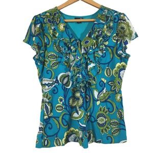 east5th Womens Turquoise Paisley Floral Ruffle V Neck Flutter Sleeve Mesh Top XL